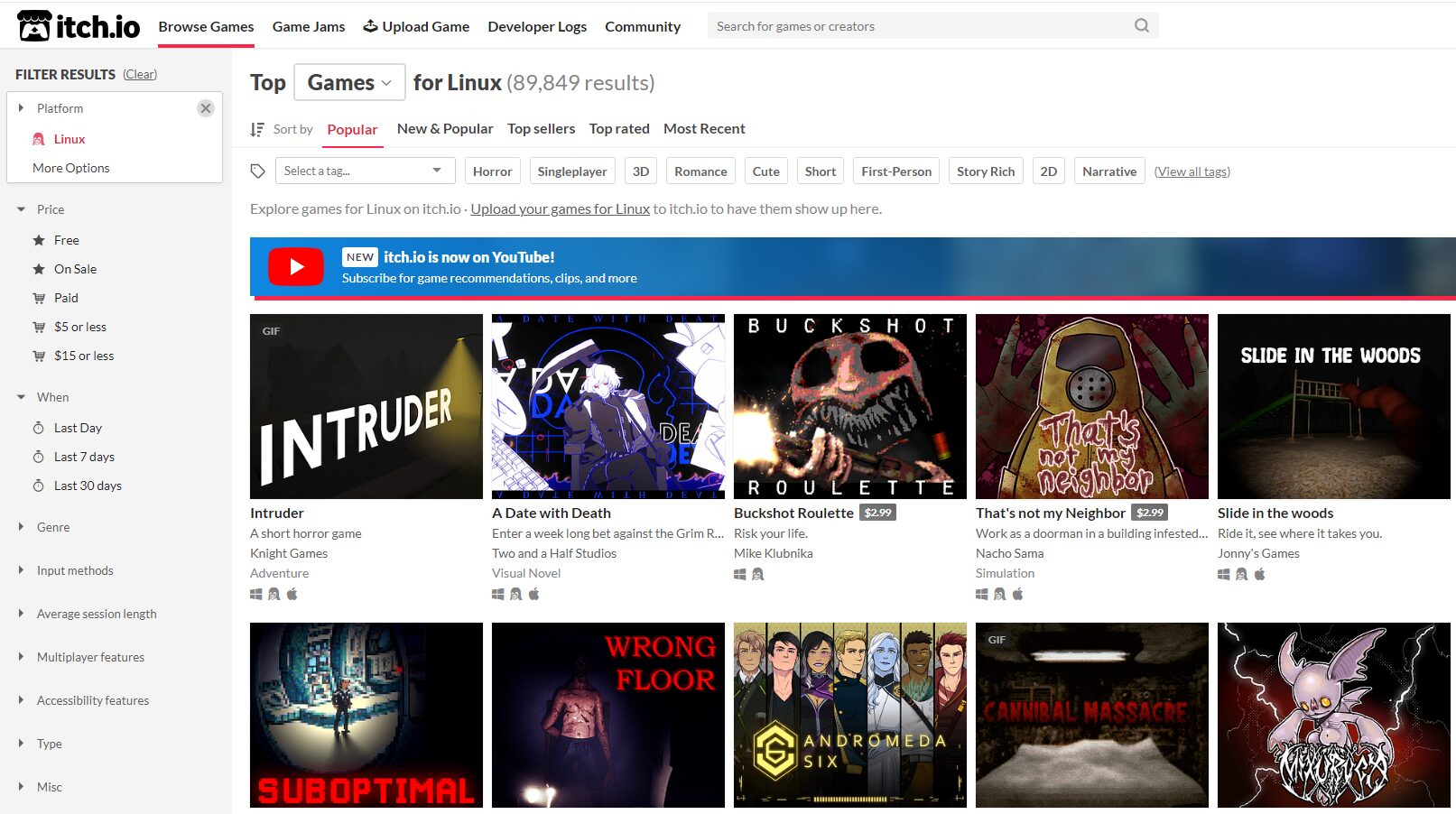 itch.io homepage displaying a list of top games for Linux