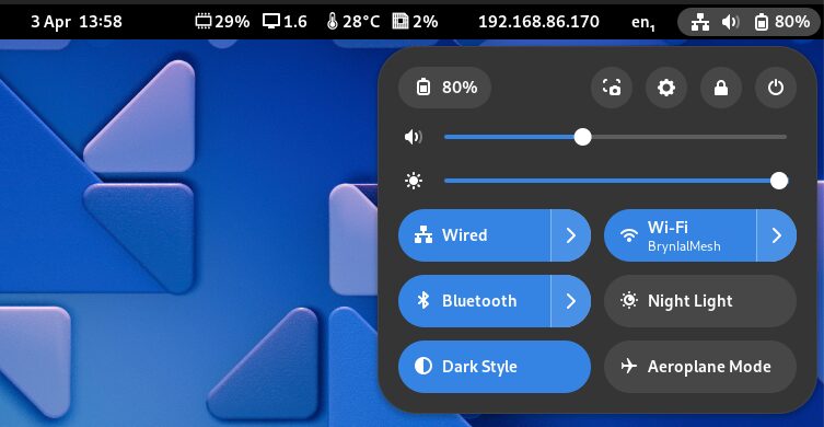 GNOME 46 system menu on a laptop computer