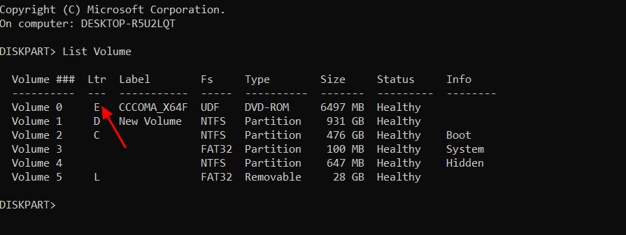 List Volume command in Command Prompt.