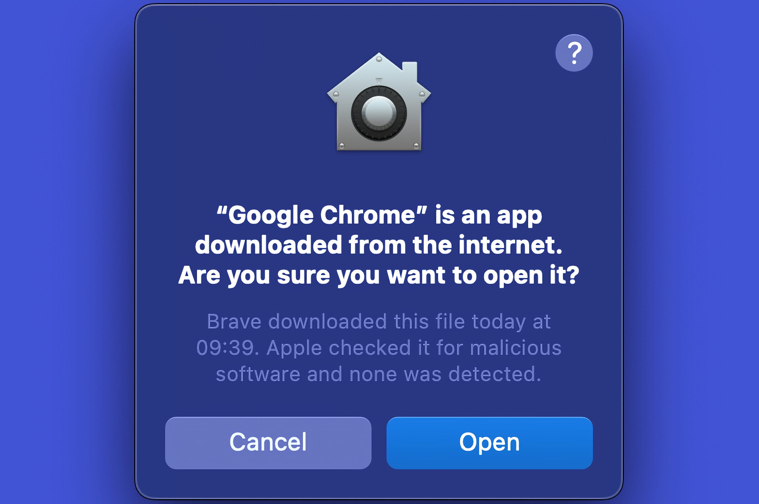 Mac dialog box asking if you want to open an app downloaded from the internet.