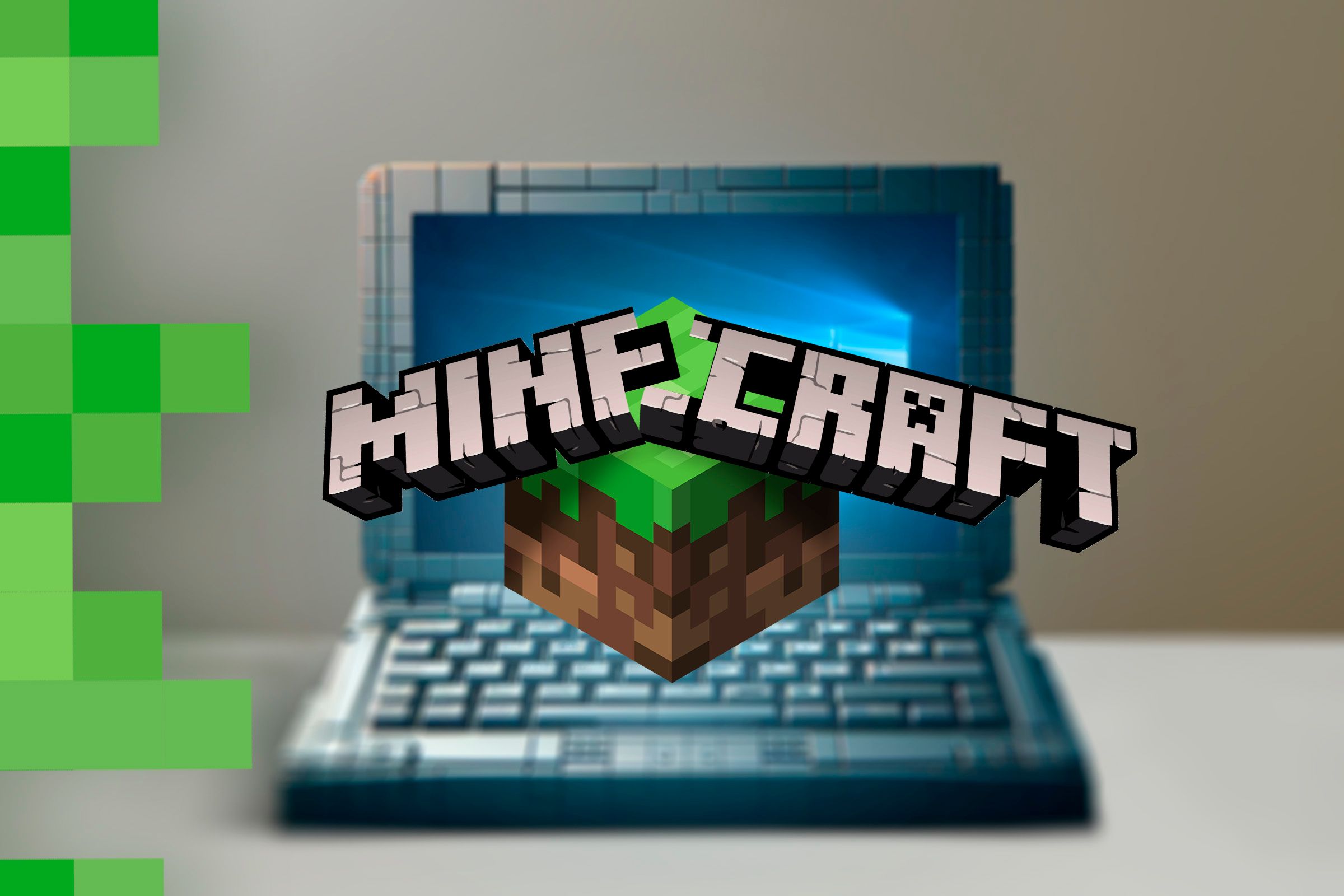 Broken Minecraft logo and a blocky, pixelated laptop with Windows 10 in the background.