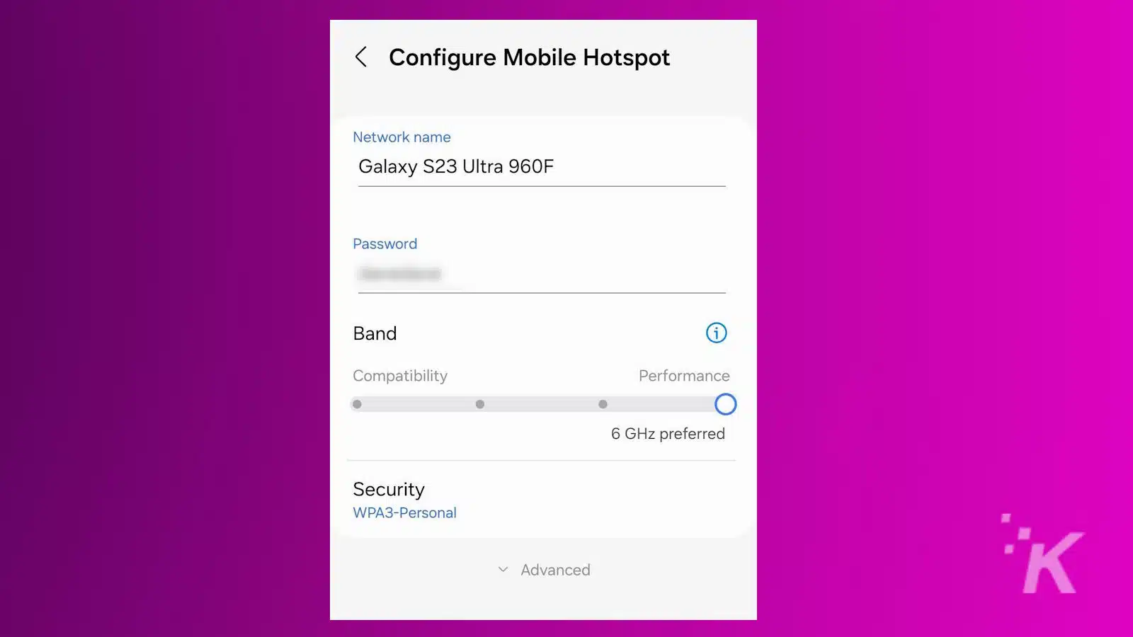 Mobile hotspot configuration screen on smartphone.