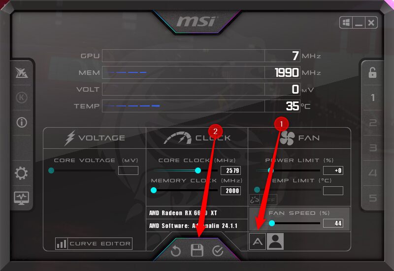 The MSI Afterburner layout showing how to set the fan speed to auto.