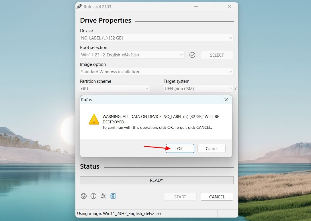 OK option in the Rufus window.