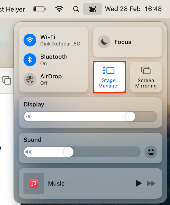 Option to enable Stage Manager from Control Center in macOS.