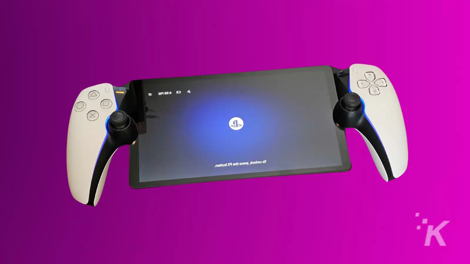 Gaming tablet with console controllers on purple background.