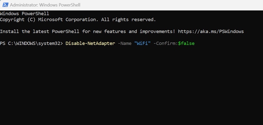 Disable-NetAdapter -Name "Network Adapter Name" -Confirm:$false​