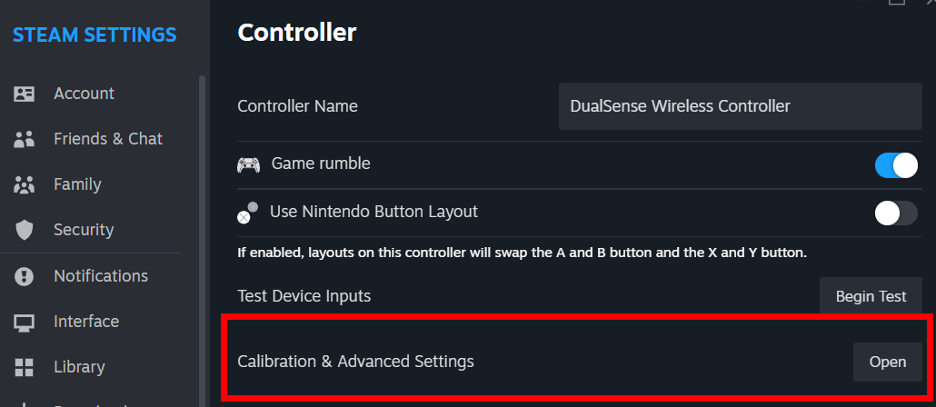 'Calibration & Advanced Settings' option for Steam Controller settings.