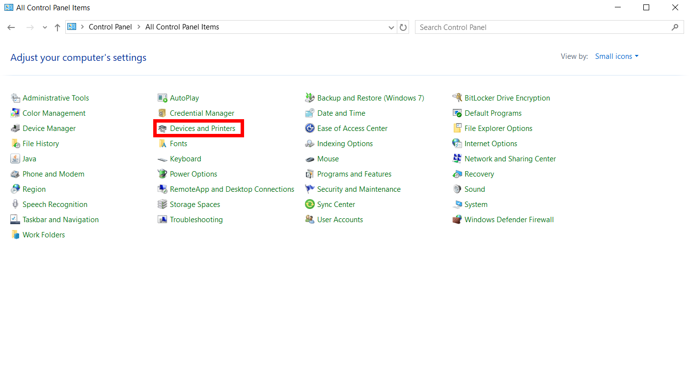 'Devices and Printers' option in Windows 10 Control Panel.