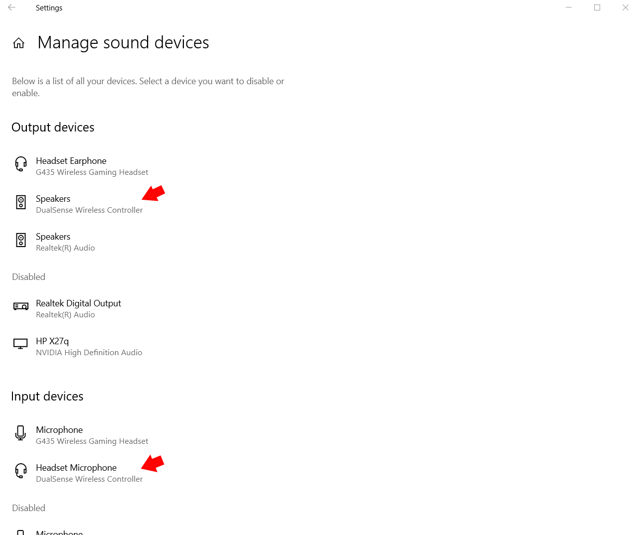 DualSense controller being used as audio input and output in Windows 10 settings.