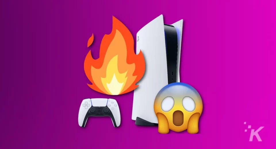 ps5 with fire overheating symbol and shocked emoji