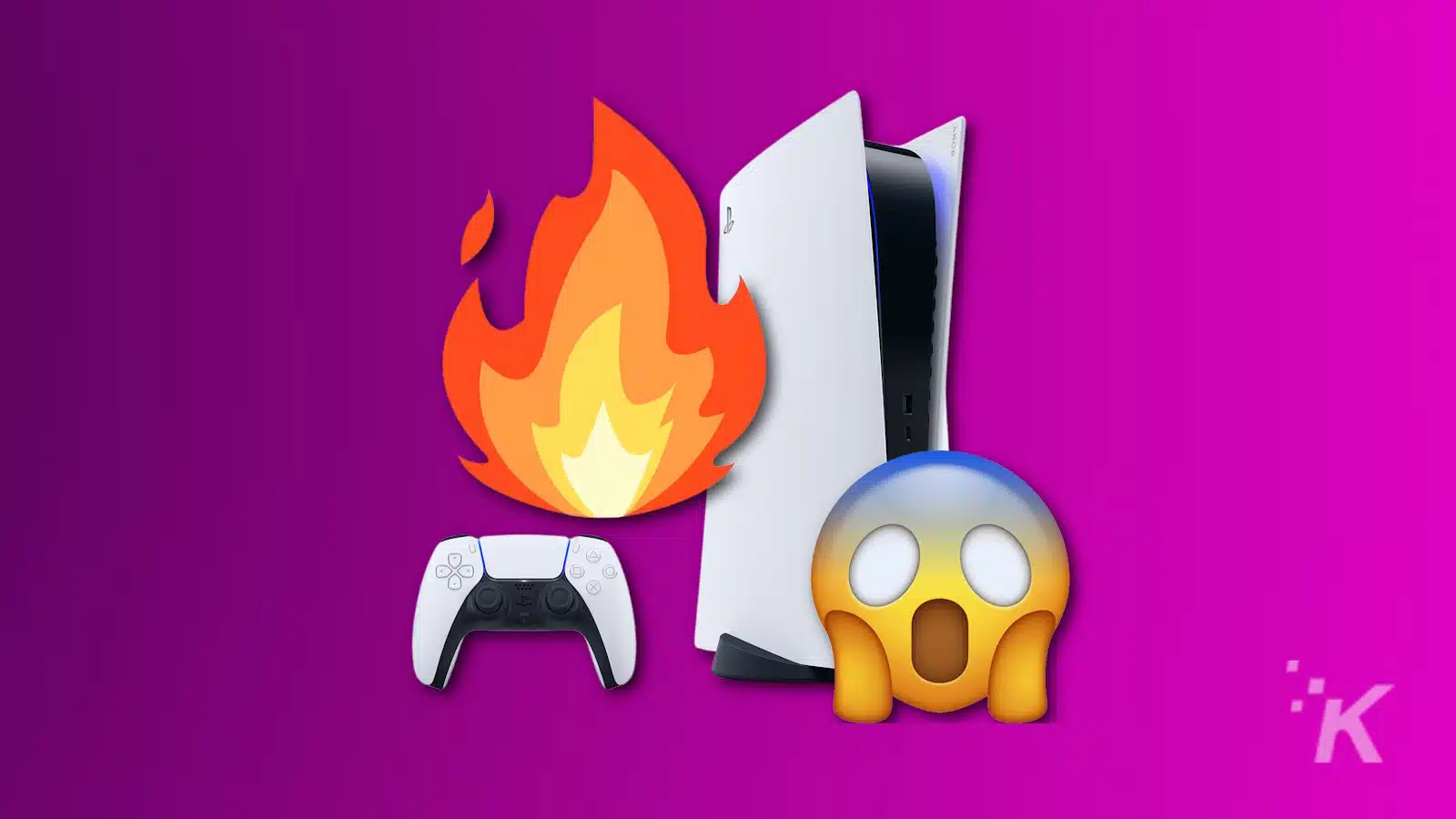 ps5 with fire overheating symbol and shocked emoji