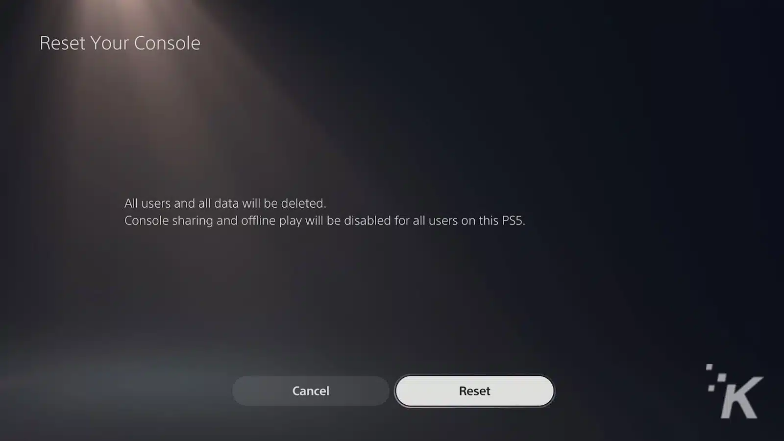 PS5 reset console option