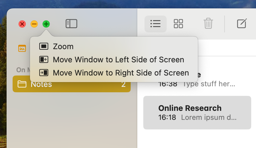 Resize window options in macOS.