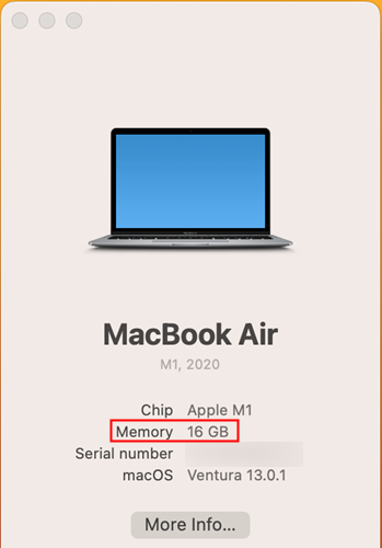 The memory available on your Mac is displayed on the second line, below the processor.