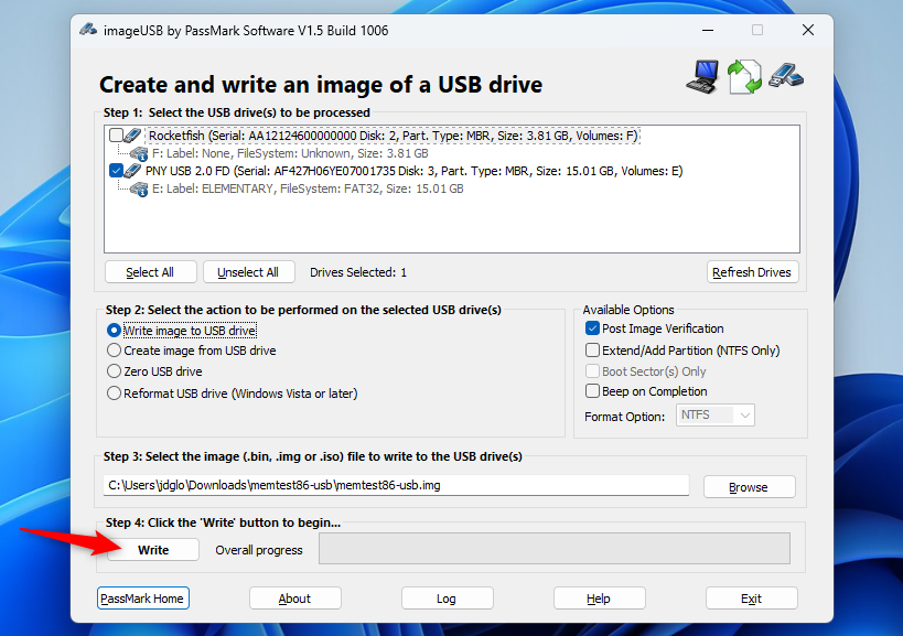 imageUSB interface for writing the Memtest86 image to a USB drive.