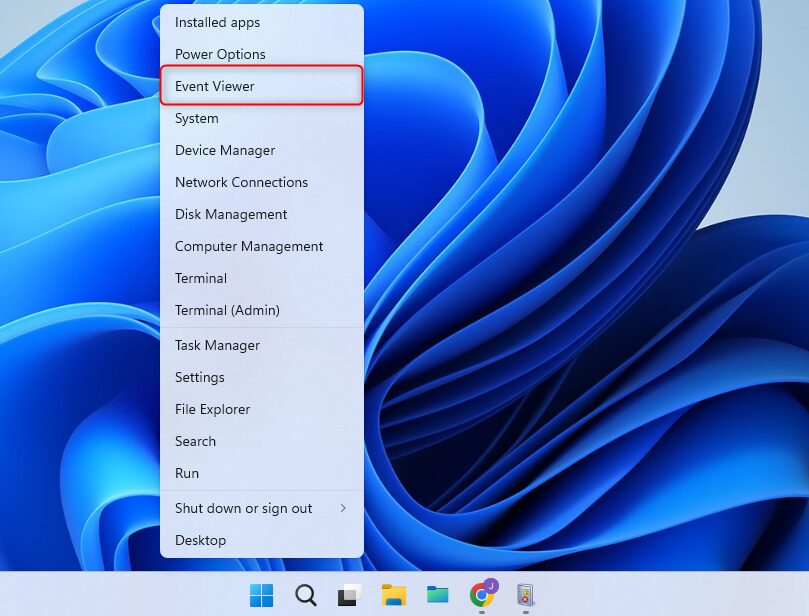 Windows 11 Power Menu with the Event Viewer menu item highlighted in a red box.