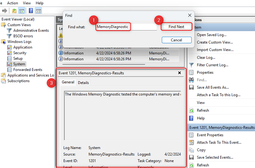 Even Viewer with the Find tool searching for the term 'MemoryDiagnostic' with the Find Next and memory diagnostics results highlighted in red boxes.