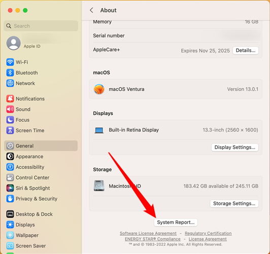 Scroll down to the bottom of the "About" page, then click "System Report."