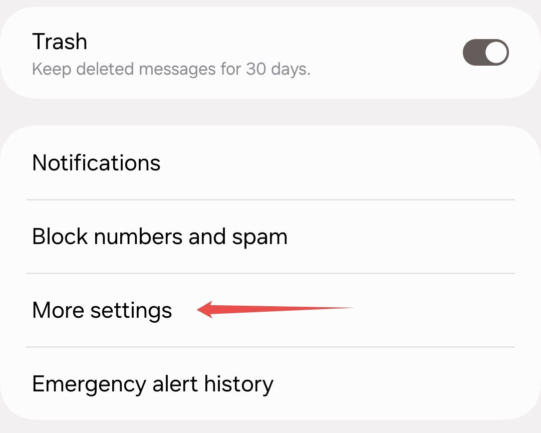 Settings menu in Samsung Messages