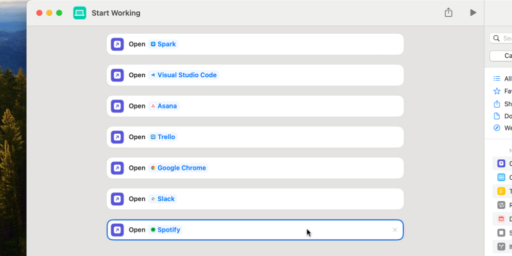 Several actions to open apps in a Mac Shortcut.