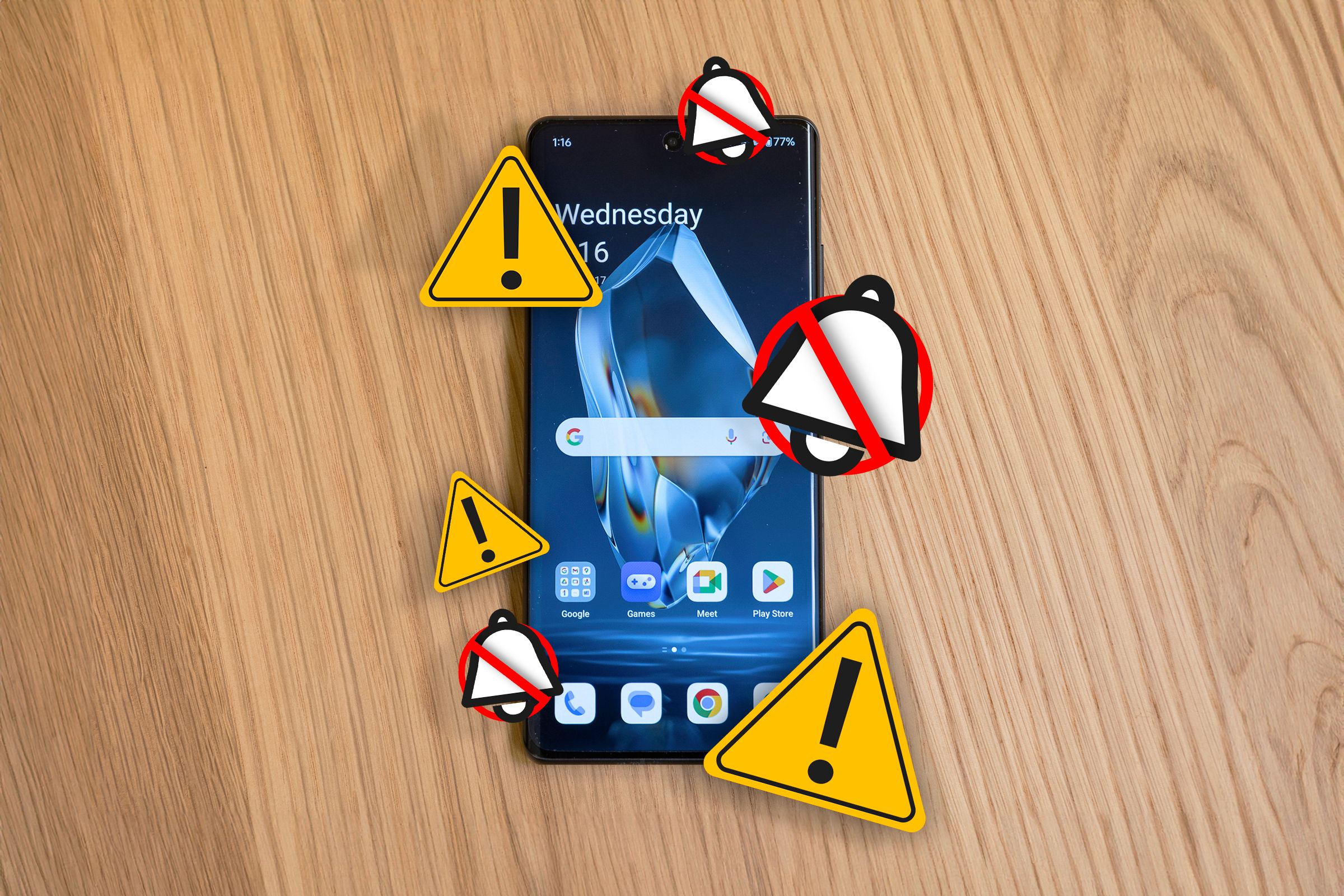 Smartphone under a wooden table with icons for 'no interruptions' and 'alert' around it.