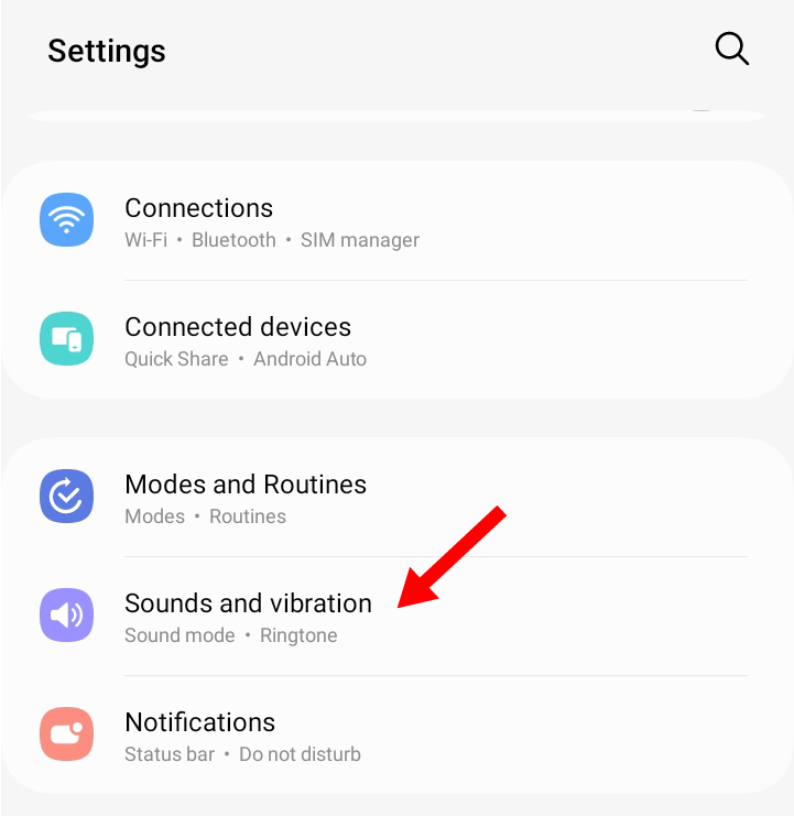 Sounds and vibration tab in Samsung settings app.