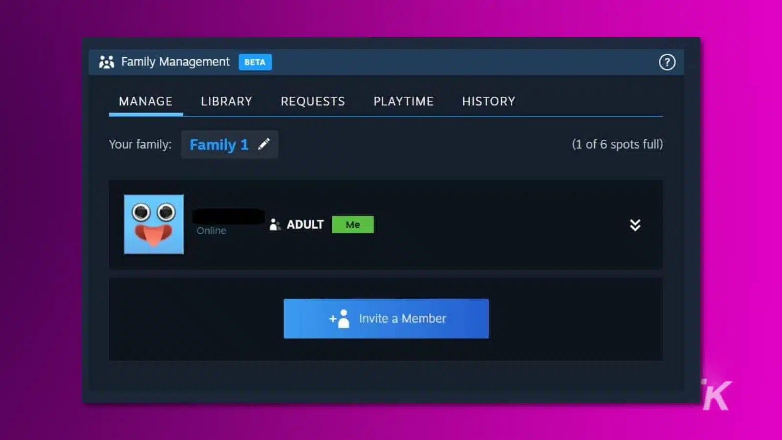 screenshot of steam's family sharing management settings