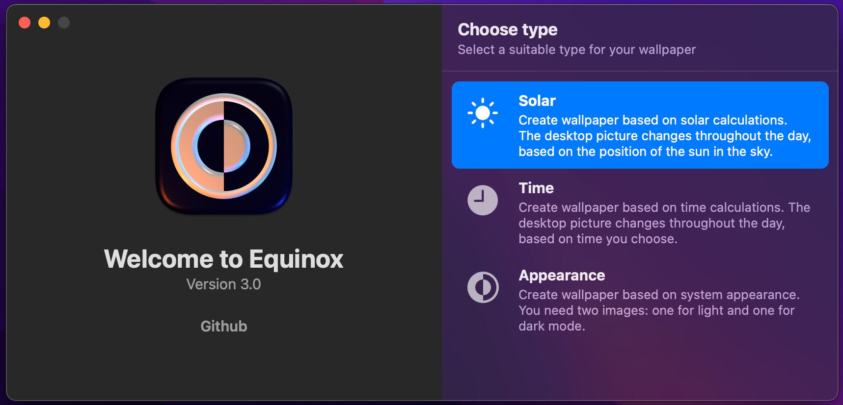 The opening screen in the Equinox app showing the types of dynamic wallpaper you can make.