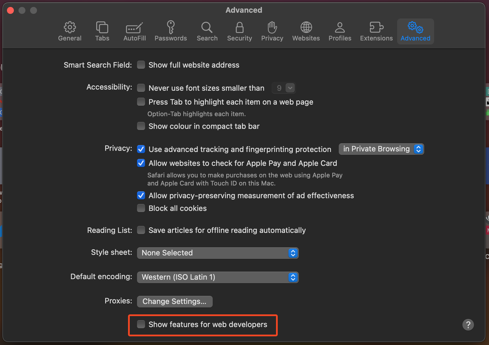 The Show Features for Web Developers setting in Safari.