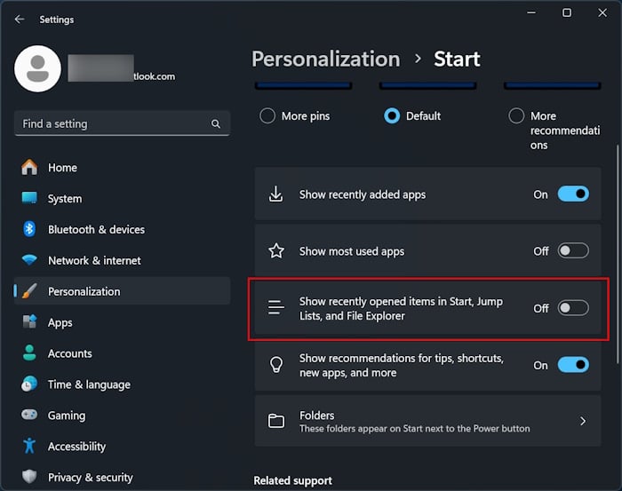 turn off recent files in Start menu on Windows 11 PC pic2
