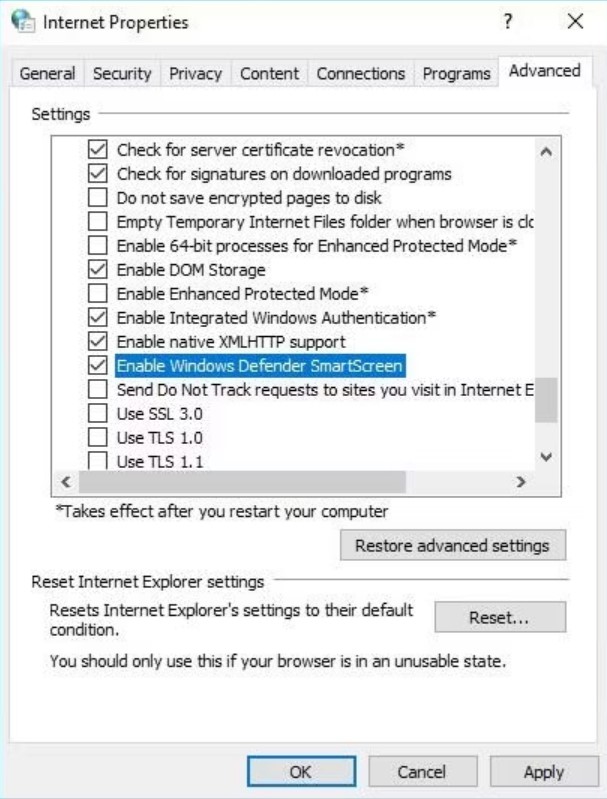 Turn Off Windows Defender SmartScreen via Internet Properties