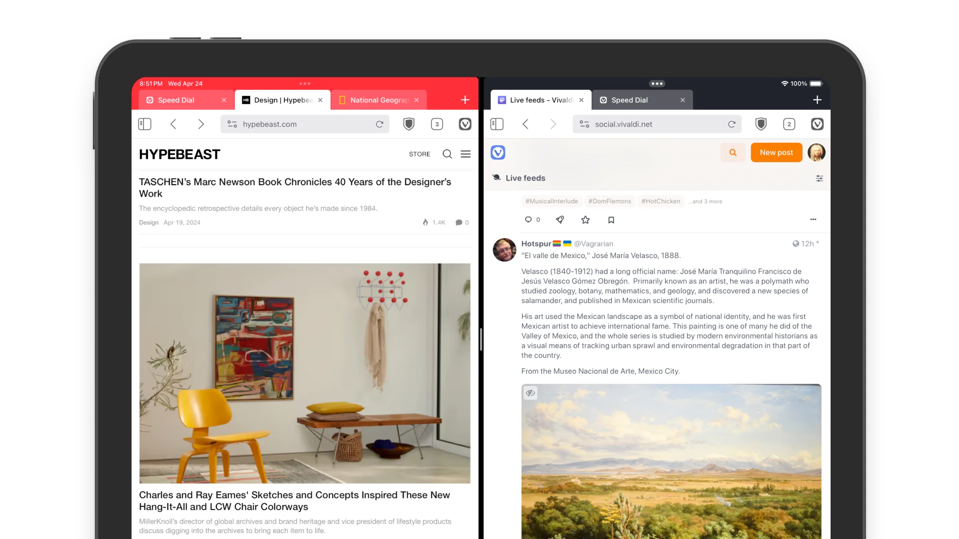 iPad in split-screen mode with two Vivaldi windows