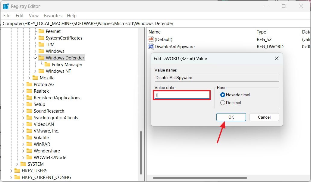 Value Data field in the Registry Editor.