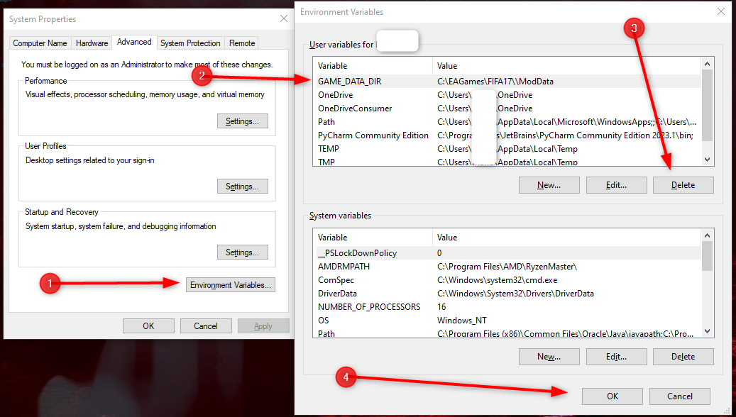 Showing how to delete GAME_DATA_DIR variable in system variables.