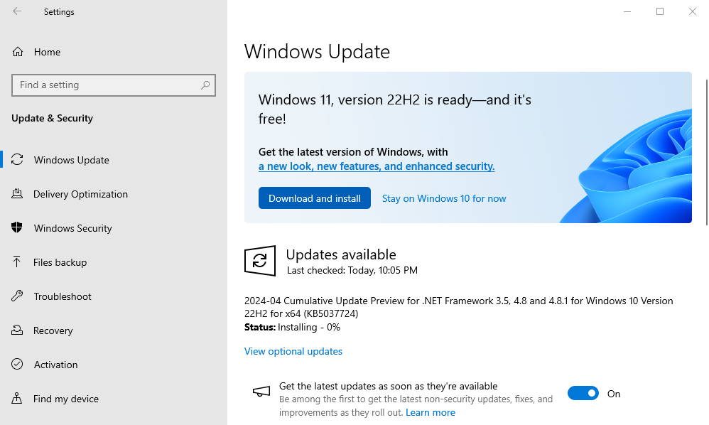 The Windows 11 upgrade available through the Windows Update window.