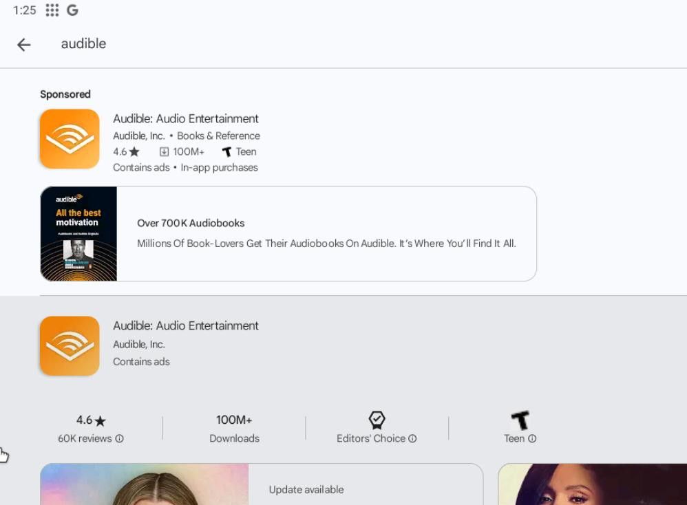 The Google Play Store in WayDroid. The user is searching for Audible, and Google Play is showing it as the top search result.