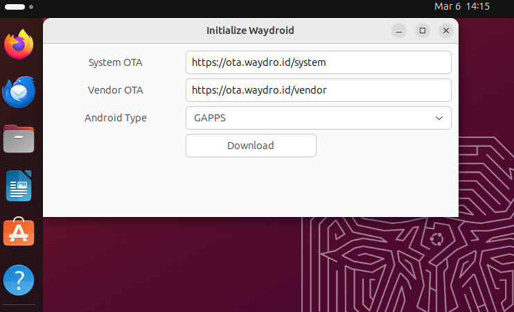 The WayDroid initialization wizard on Ubuntu, showing the download options.