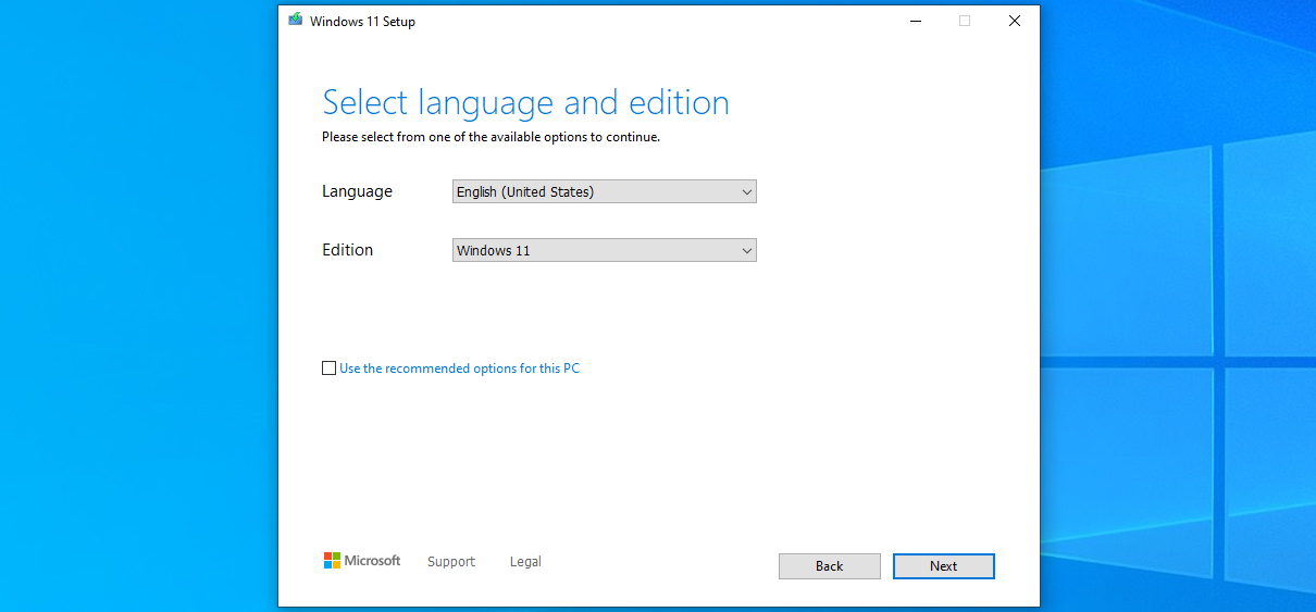 The Windows Media Creation Tool set to create a bootable USB drive.