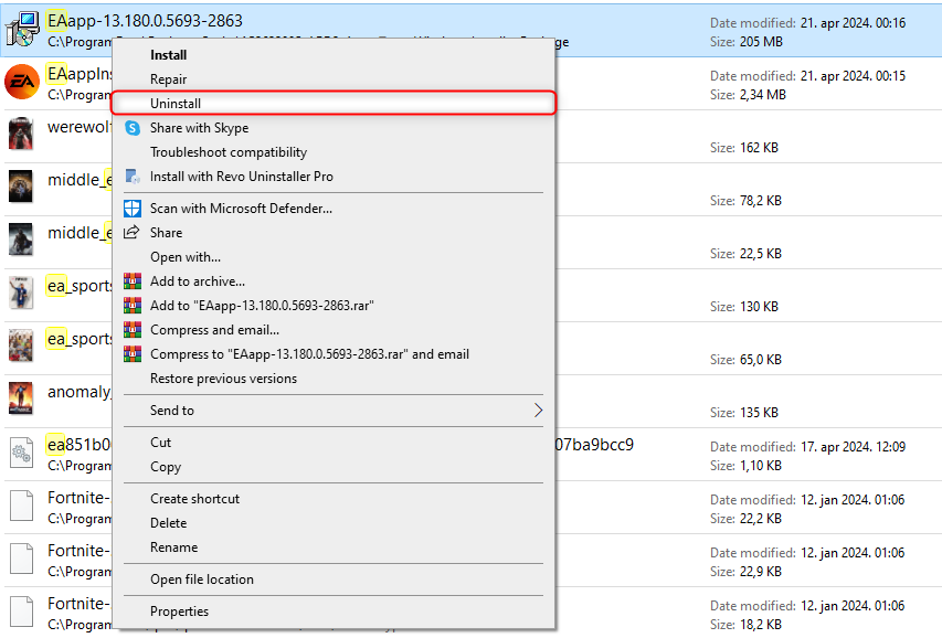 Uninstalling the EA App manually in Windows.