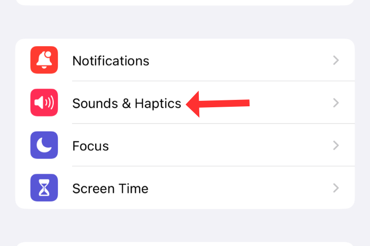 Screenshot of the Settings app with an arrow next to the Sounds & Haptics menu.