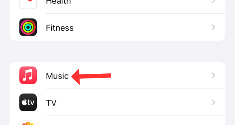 Screenshot of the iPhone's Settings app with an arrow next to Music.