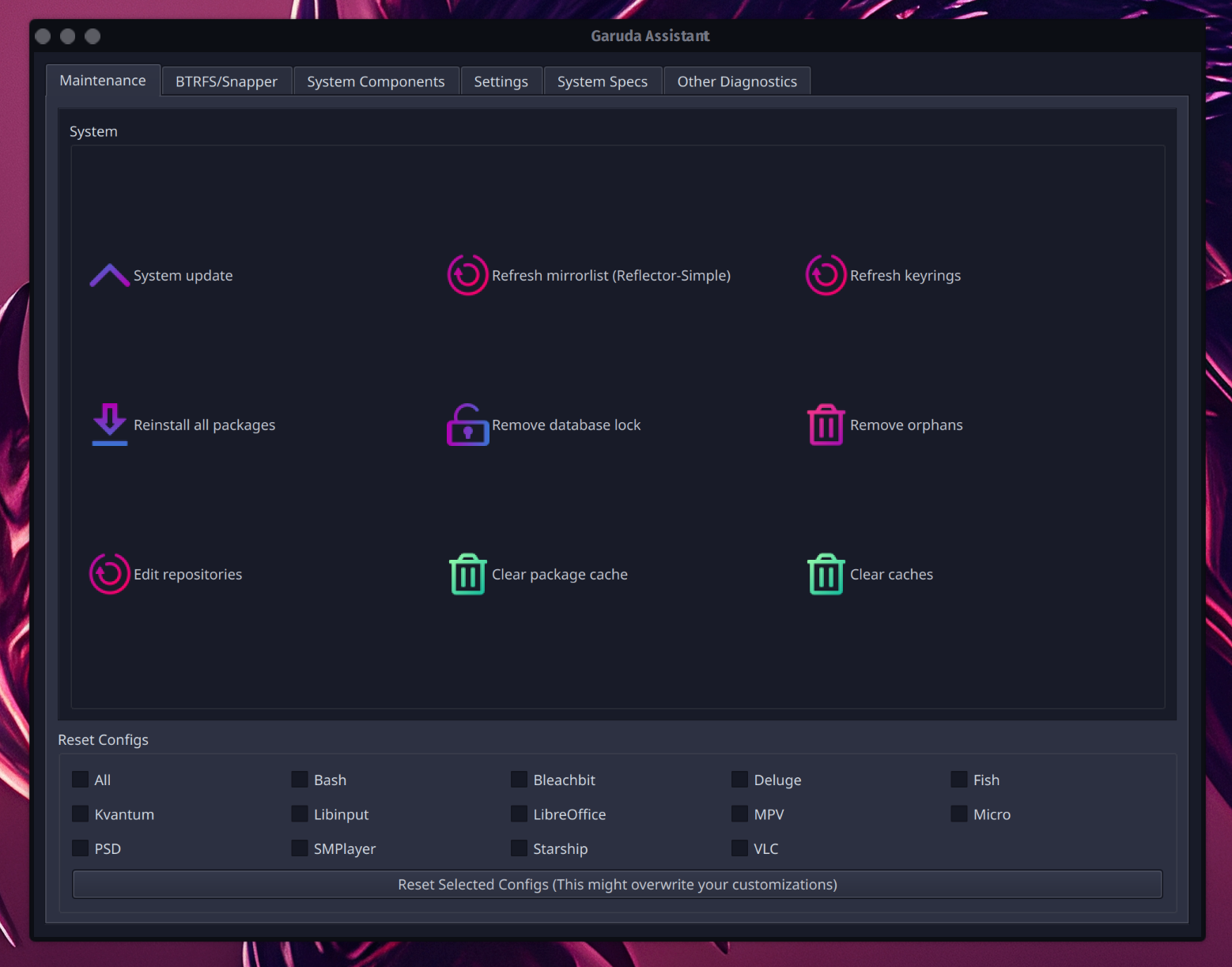 Garuda Assistant a GUI app for System Maintenance on Garuda Linux