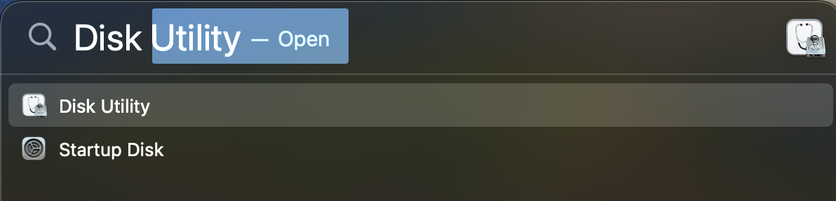 Opening the Disk Utility from the spotlight search on macOS.