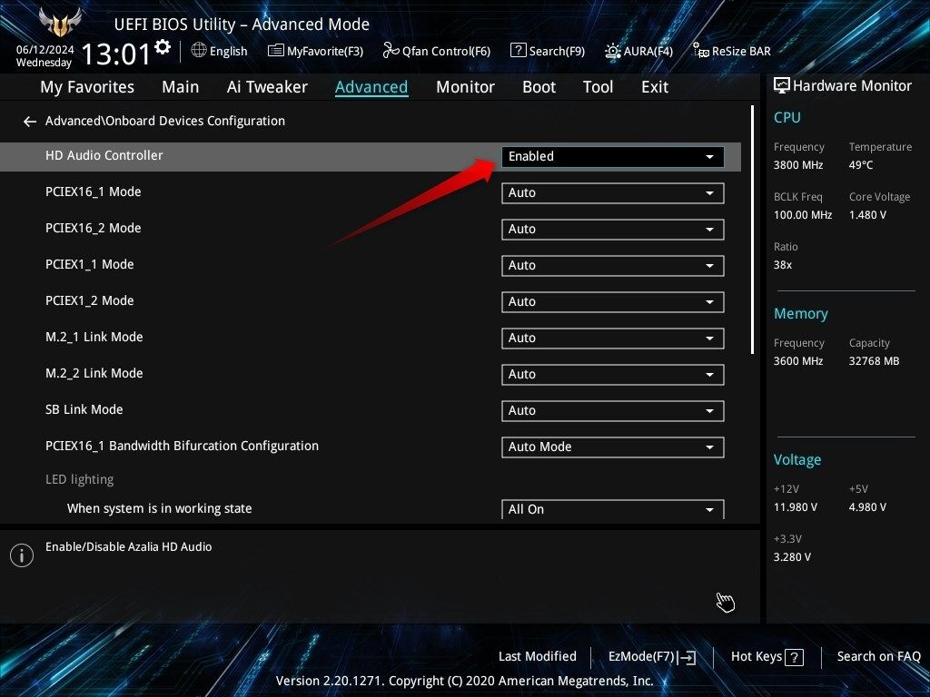 Disabling HD audio controller in BIOS.