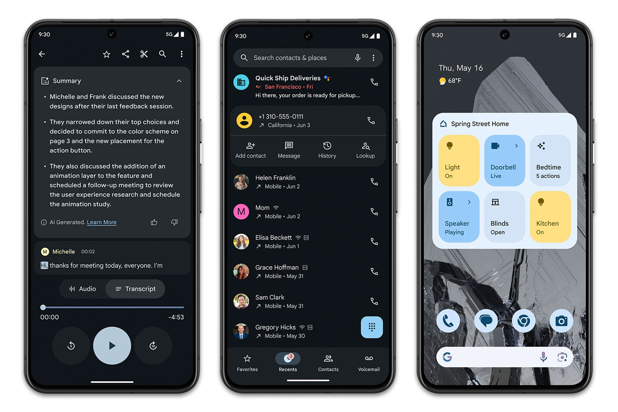 New Recorder summaries, unknown number lookup, and smart home widgets on Pixel smartphones.