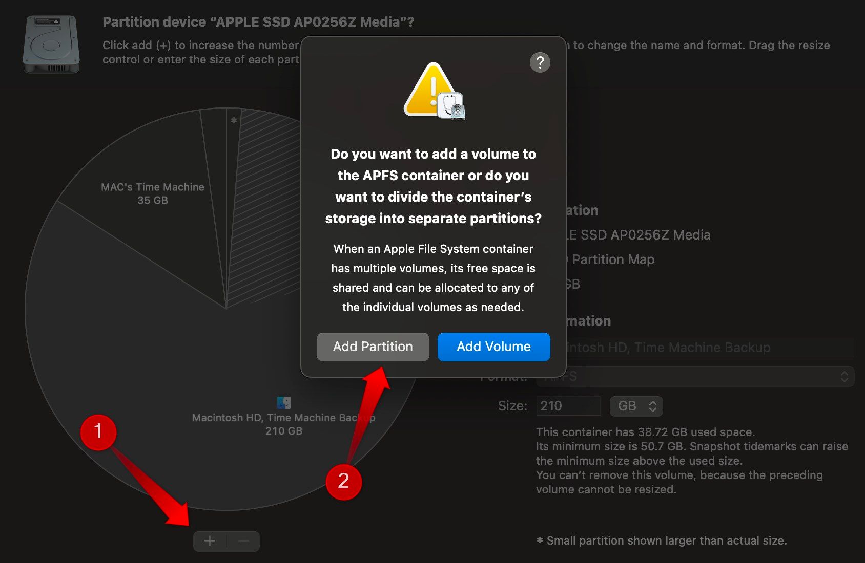 Adding a partition to a drive on macOS.