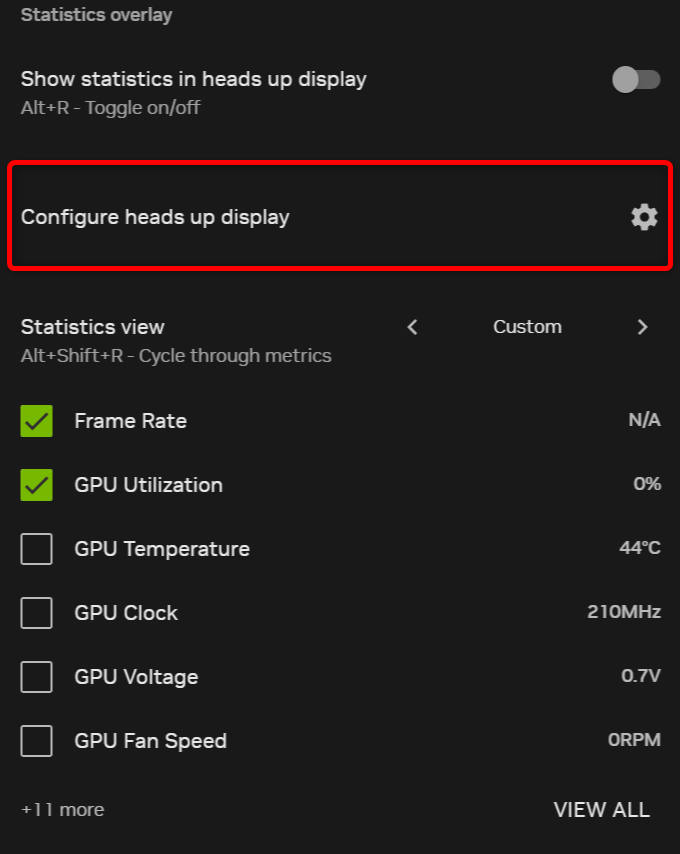 NVIDIA Overlay Statistics options menu