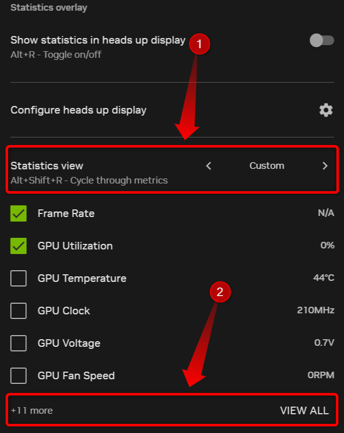 NVIDIA overlay in-game statistics options menu.