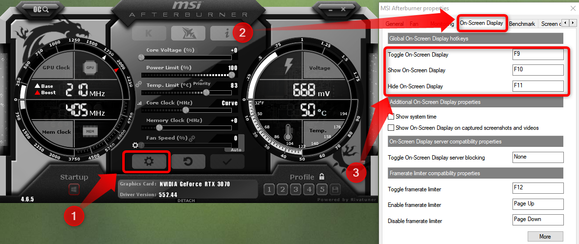 MSI Afterburner Main window and the On-Screen Display options menu.